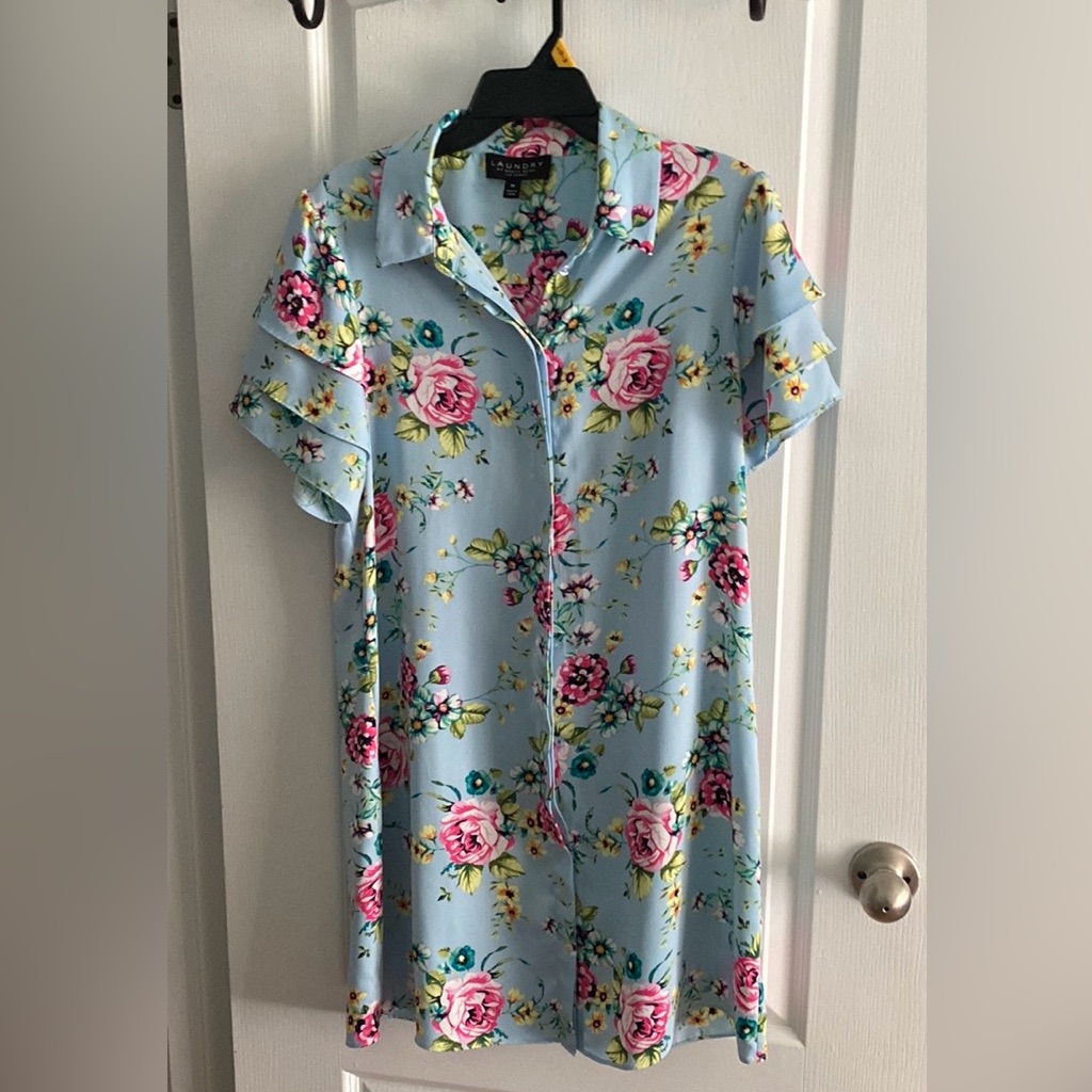 Laundry By Shelli Segal Short Sleeve Shift Shirtdress Blue & Pink Floral Medium